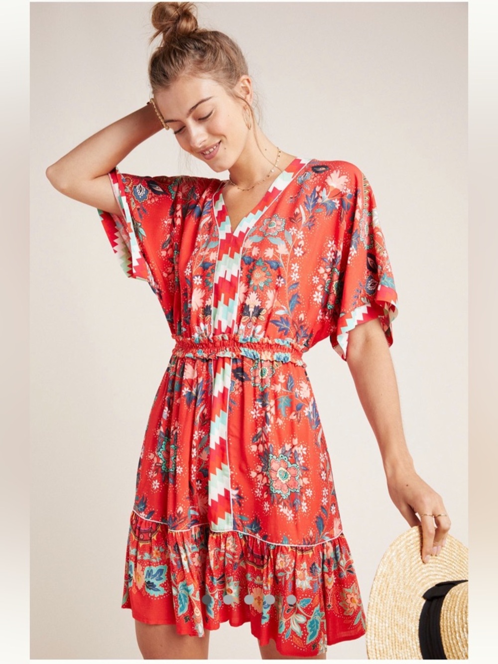 Farm Rio Jane Mini Dress Red Aztec Print Size Medium